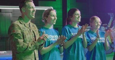 Captain Zac Bryant, from 6th Engineer Support Regiment, with students during the bridge-building challenge on Ultimate Classroom. Story by Corporal Jacob Joseph. Photo from Channel 10.