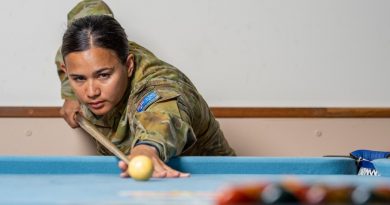 Signaller Catherine Lindridge from the 3rd Combat Signal Regiment trains at Lavarack Barracks for the World Blackball Championships. Story by Captain Diana Jennings. Photo by Corporal Brodie Cross.
