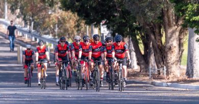 WO2 Ken Leggett, front right, leads the Round for Life 2022 peloton for the final stage into Simpson Barracks. Story by Captain Evita Ryan. Photo by Private Michael Currie.