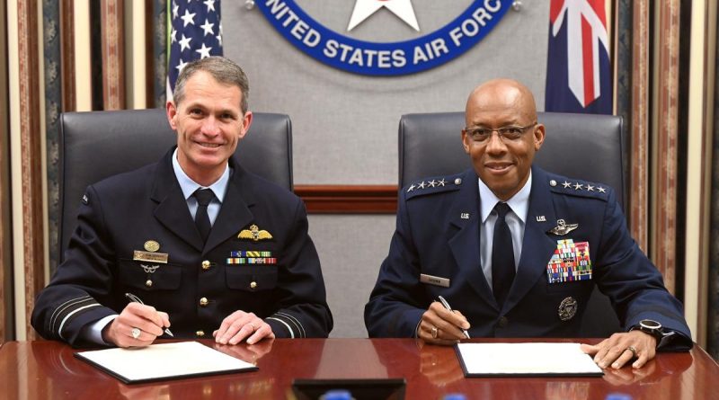 Chief of Air Force Air Marshal Robert Chipman and Chief of Staff of the US Air Force, General Charles Q. Brown, Jr. sign the Joint Vision Statement in Washington, DC. Photo by Andy Morataya.