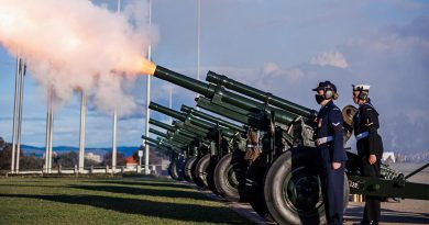 Members of Australia's Federation Guard fire a M2A2 howitzer ceremonial gun during a 96-gun salute held at Parliament House in Canberra to honour the passing of Her Majesty The Queen. Photo: byCorporal Cameron Pegg.