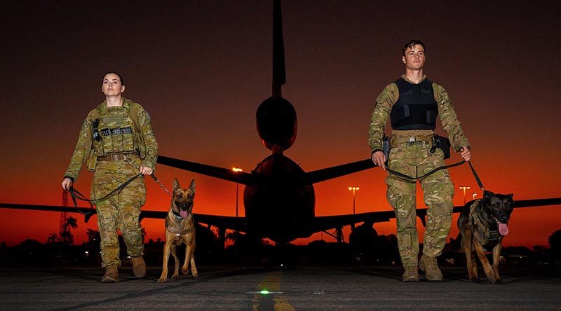 RAAF military-working-dog handler Leading Aircraftwoman Brooke Hitchinson with her dog, Karma, and Royal New Zealand Air Force counterpart Leading Aircraftman Byron Buys with Kaiser, on the flightline at RAAF Base Darwin during Exercise Pitch Black 2022. Photo by Leading Aircraftwoman Kate Czerny.
