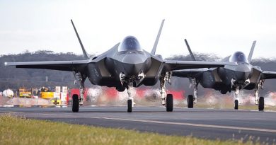 Australia's newest F-35A Lightning II aircraft A35-053 and A35-054 arrive at RAAF Base Williamtown in New South Wales, at the end of their ferry flight during exercise Lightning Ferry 22-3. Photo by Corporal Craig Barrett.
