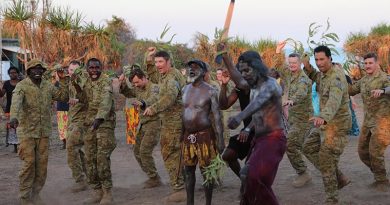 Yolgnu community, NORFORCE and other ADF personnel commemorate the 80th anniversary of the makarrata which formed the NTSRU with a bungul (Yolngu ceremony) at Raymangirr, East Arnhem Land, Northern Territory. Photo by Major Martin Hadley.