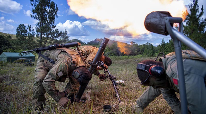 New Zealand and Fijian soldiers fire an 81mm mortar during Exercise Cartwheel. NZDF photo by Petty Officer Chris Weissenborn. 