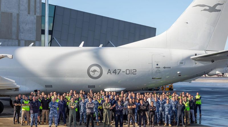 No. 11 Squadron and Airbus maintenance teams celebrate the 100th completed servicing of the P-8A Poseidon platform at RAAF Base Edinburgh, South Australia. Story by Flight Lieutenant Claire Burnet. Photo by Leading Aircraftman Sam Price.