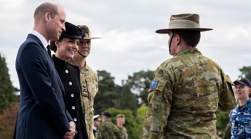Their Royal Highnesses the Prince and Princess of Wales speak with Australian Army officer Captain Joshua Downs, who will march in Her Majesty Queen Elizabeth II's State Funeral on 19 September.  Photo by Corporal John Solomon.