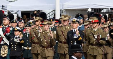 The Commonwealth contingent, made up of Australian, Canadian and New Zealand military personnel, marches on the procession route during the Queen’s state funeral in London. Story by Lieutenant Commander John Thompson and Lieutenant Anthony Martin. Photo by Sergeant Jarrod McAneney.