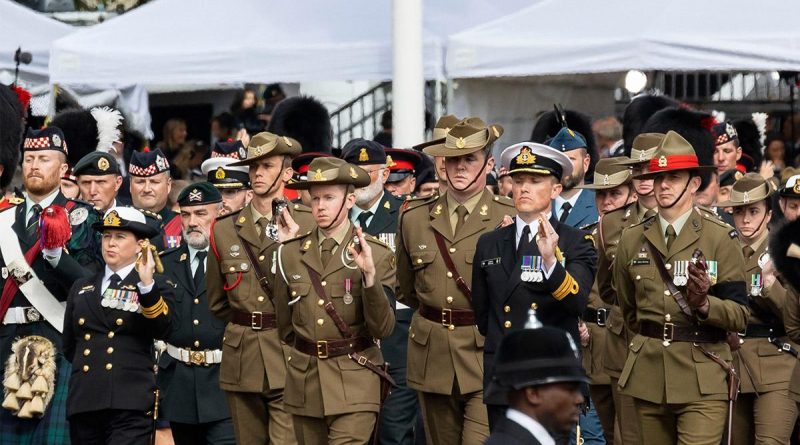 The Commonwealth contingent, made up of Australian, Canadian and New Zealand military personnel, marches on the procession route during the Queen’s state funeral in London. Story by Lieutenant Commander John Thompson and Lieutenant Anthony Martin. Photo by Sergeant Jarrod McAneney.