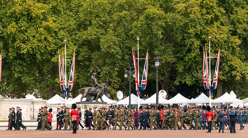 The Commonwealth contingent marching as part the official farewell to her Majesty Queen Elizabeth II in London. Photo by NZDF Corporal Dillon Anderson.