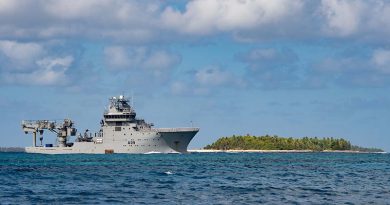HMNZS Manawanui arrives in Funafuti Lagoon as part of Operation Render Safe 2022. Photo bu Petty Officer Christopher Weissenborn.
