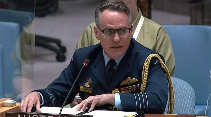 Group Captain Jarrod Pendlebury, Defence Attache for United Nations New York, speaking at the United Nations Security Council. Story by Kristi Cheng.