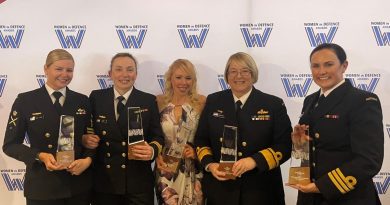 Petty Officer Sara Clarke, Lieutenant Commander Victoria Jnitova, Lieutenant Commander Cerys Joyce, Rear Admiral Wendy Malcolm and Commander Penelope Twemlow with their Women in Defence Awards. Story by Sub Lieutenant Tahlia Merigan.