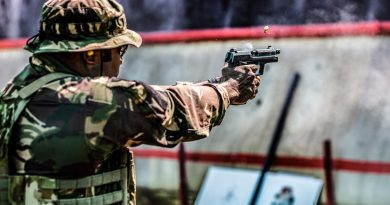 A member from the Papua New Guinea Defence Force participates in a combined activity with members of the other forces at the live-fire range in Sydney before embarking on Exercise Kokoda Wantok. Story by Major Dan Mazurek. Photo by Corporal Sagi Biderman.