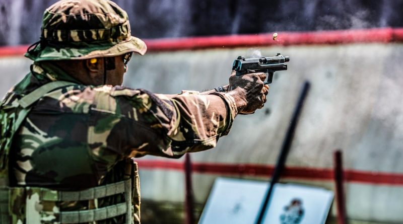 A member from the Papua New Guinea Defence Force participates in a combined activity with members of the other forces at the live-fire range in Sydney before embarking on Exercise Kokoda Wantok. Story by Major Dan Mazurek. Photo by Corporal Sagi Biderman.