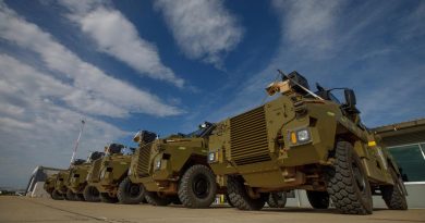 Australian Government-donated Bushmaster protected mobility vehicles bound for Ukraine at RAAF Base Amberley, Queensland, in April 2022. Photo by Corporal Jesse Kane.