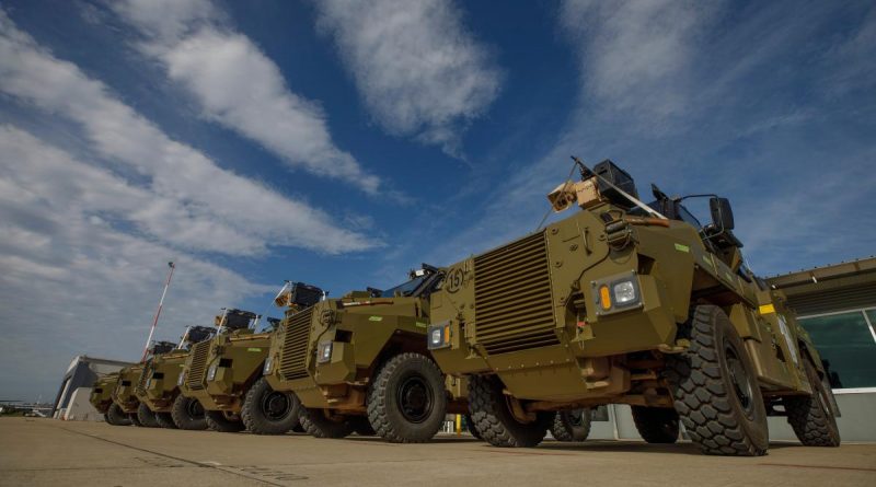 Australian Government-donated Bushmaster protected mobility vehicles bound for Ukraine at RAAF Base Amberley, Queensland, in April 2022. Photo by Corporal Jesse Kane.