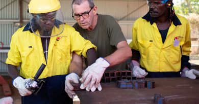 Sapper Malcolm Stewart, from 6th Engineer Support Regiment, delivers trade training to trainees Jonathon Guyula and Alistair Mununggurr during the Army Aboriginal Community Assistance Program in Gapuwiyak. Story by Captain Evita Ryan. Photo by Corporal Lucas Petersen.