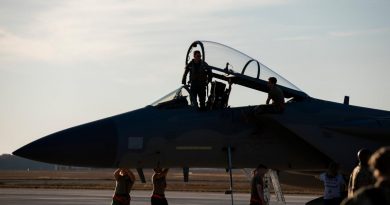 A US Air Force pilot prepares to exit an F-15C Eagle from 67th Fighter Squadron at RAAF Base Darwin during Exercise Pitch Black 2022. Photo by Leading Aircraftwoman Emma Schwenke.