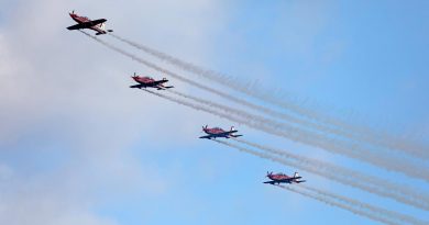 The Air Force Roulettes perform an aerobatic display over the air traffic control tower for the Air Force Roulette's 50th anniversary family open day at RAAF Base East Sale, Victoria. Story by Flying Officer Brent Moloney. Photos by Richard Prideaux.