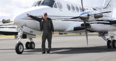 Wing Commander Adrian Burge, from 32 Squadron, at the completion of 10,000 military flying hours, in front of a B350 King Air at RAAF Base East Sale. Story by Flying Officer Ellis Mitchell. Photo by Flying Officer Nathan Howarth.