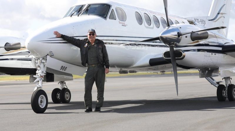 Wing Commander Adrian Burge, from 32 Squadron, at the completion of 10,000 military flying hours, in front of a B350 King Air at RAAF Base East Sale. Story by Flying Officer Ellis Mitchell. Photo by Flying Officer Nathan Howarth.