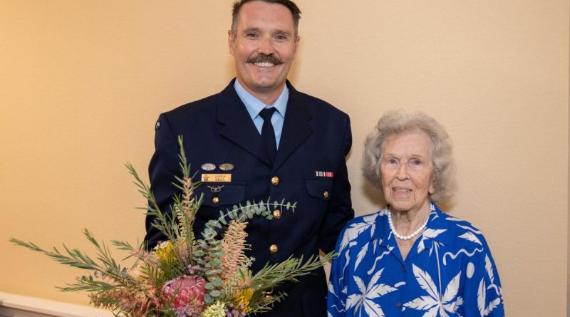 Jessie Strike-McClelland and Flight Lieutenant Justin Kelly with her 100th Birthday gift from the Australian Embassy at San Clemente Villas by the Sea, California. Story by Leading Aircraftwoman Cath Kelly.