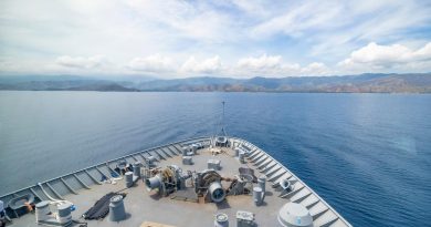 HMAS Stalwart sails into Timor-Leste during Indo-Pacific Endeavour 2022. Story by Captain Lily Charles. Photo by Corporal Brandon Grey.