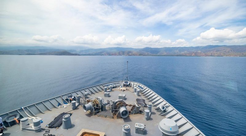 HMAS Stalwart sails into Timor-Leste during Indo-Pacific Endeavour 2022. Story by Captain Lily Charles. Photo by Corporal Brandon Grey.