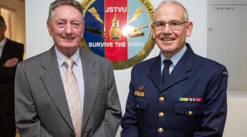Group Captain (retd) Wayne Johnston, left, and Wing Commander Mark Pitt at the opening of the Pitt-Johnston Electronic Warfare Research Centre at the Joint Survivability Tactics Validation Unit. Story by Leading Aircraftwoman Jasna McFeeters. Photo by Sergeant Murray Staff.