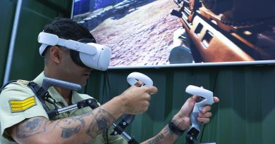 Sergeant Nitin Biswas operates virtual reality equipment at the 2022 Land Forces expo. Story and photo by Warrant Officer Class Two Max Bree.