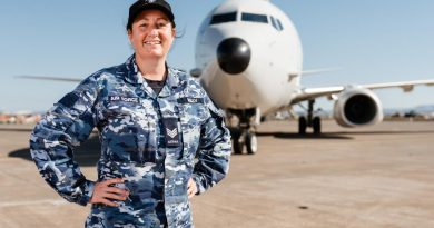 RAAF logistics specialist Sergeant Sheridan Kelly stands in front of a RAAF P-8A Poseidon maritime patrol aircraft in Italy, during Operation Sea Guardian 2022. Story by Lieutenant Anthony Martin. Photo by Corporal John Solomon.