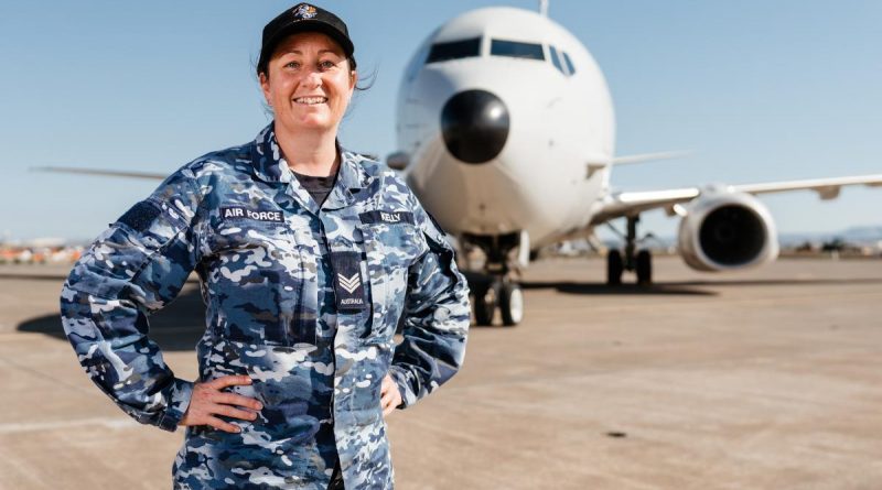 RAAF logistics specialist Sergeant Sheridan Kelly stands in front of a RAAF P-8A Poseidon maritime patrol aircraft in Italy, during Operation Sea Guardian 2022. Story by Lieutenant Anthony Martin. Photo by Corporal John Solomon.