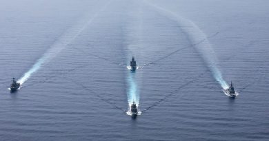 HMA Ships Hobart and Stalwart, Japan Maritime Self-Defense Force Ship Kirisame and US Navy Ship Milius in the South China Sea. Story by Lieutenant Brendan Trembath. Photo by Leading Seaman Daniel Goodman.