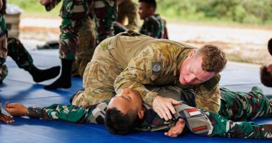 Australian Army Private Christian Scott from 5th Battalion, Royal Australian Regiment, practices Pencak Silat with Indonesian Army soldiers during Exercise Wirra Jaya at the Baturaja Training Area, South Sumatra, Indonesia. Story and photo by Corporal Dustin Anderson.
