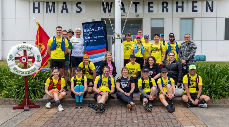 Runners and support team of the annual Bravery Trek charity fun run, with Commanding Officer HMAS Waterhen Commander Michael Miller at HMAS Waterhen in Sydney. Story by Lieutenant Max Logan. Photo by Able Seaman Benjamin Ricketts.