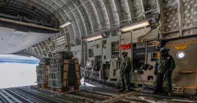 36 Squadron loadmasters Corporal Shaun Harding, left, and Flight Sergeant Rick Haslewood launch essential supplies from a C-17A Globemaster over Casey Station, Antarctica. Story by Flight Lieutenant Suellen Heath. Photo by Corporal Kylie Gibson.