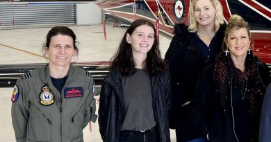 Air Academy Instructor Flight Lieutenant Mel Picton, left, and Australian Women Pilots Association members Hannah Potter, Cathy Eccles and Peta Denham Harvey during a recent visit to RAAF Base East Sale. Story by Flight Lieutenant Julia Ravell.