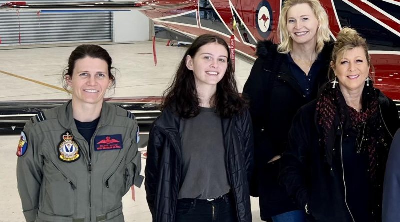 Air Academy Instructor Flight Lieutenant Mel Picton, left, and Australian Women Pilots Association members Hannah Potter, Cathy Eccles and Peta Denham Harvey during a recent visit to RAAF Base East Sale. Story by Flight Lieutenant Julia Ravell.