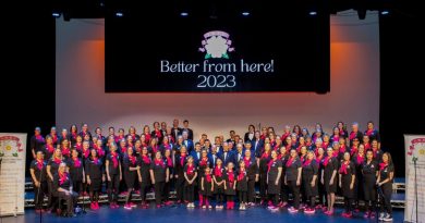 The Australian Military Wives Choir with the Royal Australian Air Force Band at the end of their performance at The Q - Queanbeyan Performing Arts Centre. Story by Squadron Leader Bruce Chalmers. Photo by Sergeant Rodney Welch.