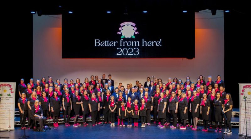 The Australian Military Wives Choir with the Royal Australian Air Force Band at the end of their performance at The Q - Queanbeyan Performing Arts Centre. Story by Squadron Leader Bruce Chalmers. Photo by Sergeant Rodney Welch.