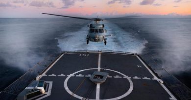 HMAS Arunta’s embarked MH-60R helicopter 'Athena' come in to land as the ship transits through the Indonesian archipelago during a regional presence deployment. Photo by Able Seaman Susan Mossop.