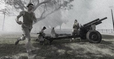Australian soldiers from 8th/12th Regiment, Royal Australian Artillery, fire M2A 105mm howitzers as part of a reenactment during the 80th anniversary of the Bombing of Darwin commemorative ceremony in Darwin, Northern Territory. Original photo by Leading Seaman Shane Cameron, digitally altered by CONTACT.