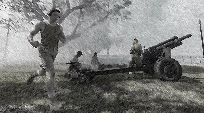 Australian soldiers from 8th/12th Regiment, Royal Australian Artillery, fire M2A 105mm howitzers as part of a reenactment during the 80th anniversary of the Bombing of Darwin commemorative ceremony in Darwin, Northern Territory. Original photo by Leading Seaman Shane Cameron, digitally altered by CONTACT.