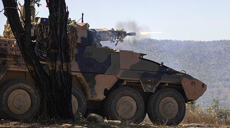 Soldiers from the 2nd/14th Light Horse Regiment (Queensland Mounted Infantry) conduct a live-fire training serial with an Australian Army Boxer combat reconnaissance vehicle at Townsville Field Training Area, Queensland. Photo by Corporal Nicole Dorrett.