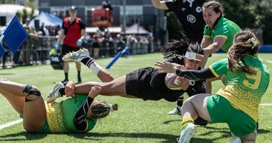 Action from the first ever women's International Defence Rugby Competition, a 15-a-side rugby tournament hosted by New Zealand. NZDF photo.