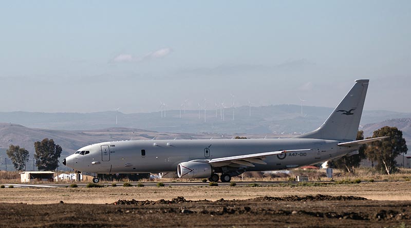 A Royal Australian Air Force P-8A Poseidon maritime patrol aircraft the ground at Naval Air Station Sigonella in Italy in support of Operation Sea Guardian 2022. Photo by Corporal John Solomon.