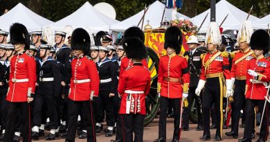 The State Gun Carriage, pulled by the British Royal Navy, carrying the coffin of Her Majesty Queen Elizabeth II as it moves along the procession route in London, during the state funeral of The Queen. Photo by Sergeant Jarrod McAneney.