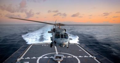 HMAS Arunta’s embarked MH-60R helicopter Athena conducts flying operations as the ship transits through the Indonesian archipelago during a regional presence deployment. Story by Lieutenant Commander Andrew Herring. Photo by Able Seaman Susan Mossop.
