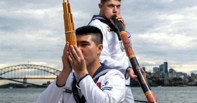 Navy sailor Leading Seaman Musician Henry Liang and Navy Indigenous Cultural Performer, Able Seaman Aviation Support Lynton Robbins, play traditional instruments during the recording of a music clip for the Japanese International Fleet Review 2022, at Garden Island, Fleet Base East. Story by Commander Fenn Kemp. Photo by Leading Seaman Jarryd Capper.